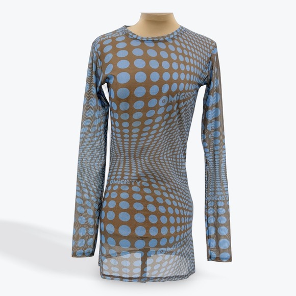 O MIGHTY Mesh Long Sleeve Mini Dress Blue Dot‎ Print See Through Clubwear - Picture 2 of 5